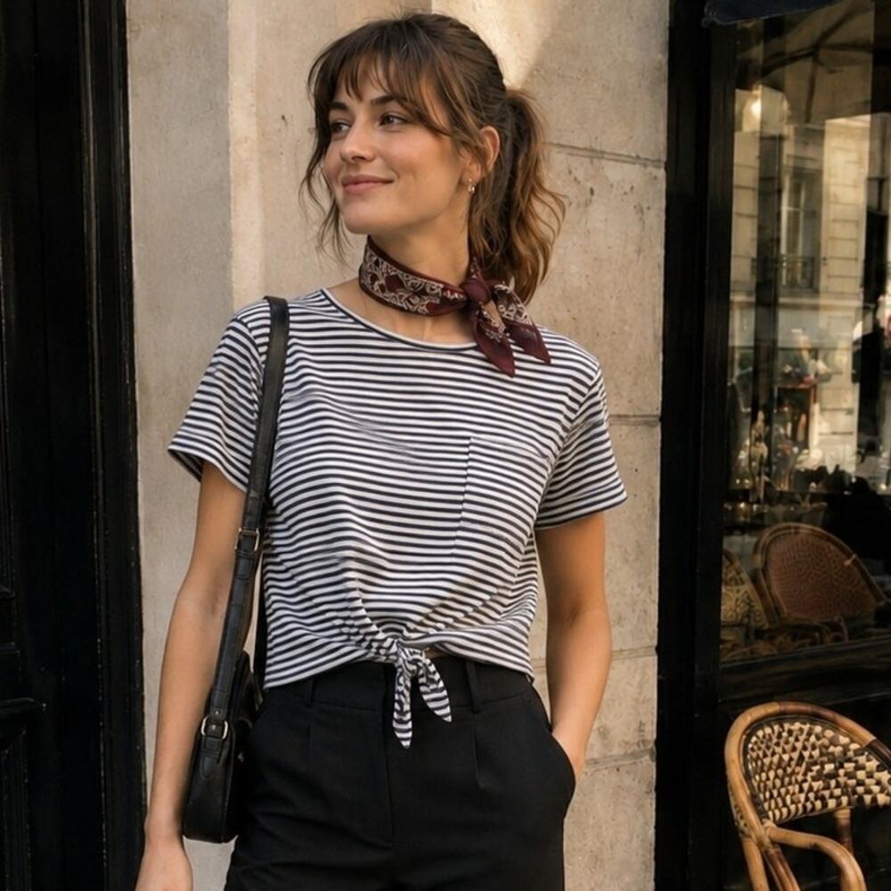 J.Crew Stripe Tie-Front Cotton Tee, Lg Chic French Girl Parisian Nautical Preppy